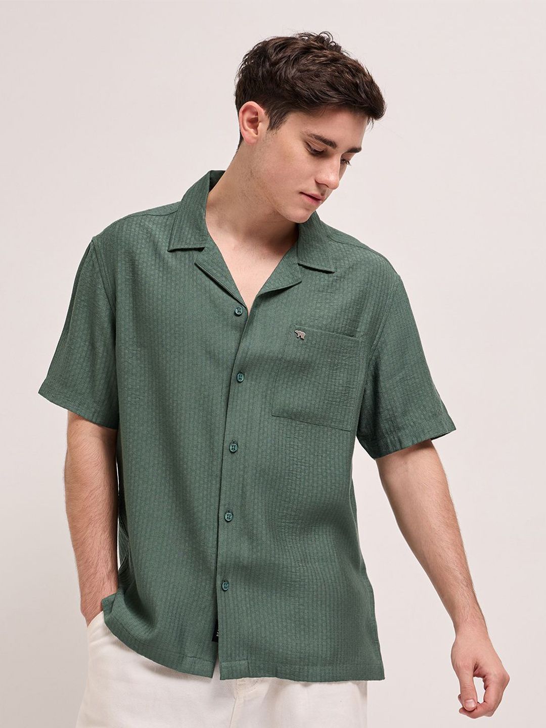 THE BEAR HOUSE Cuban Collar Textured Casual Shirt