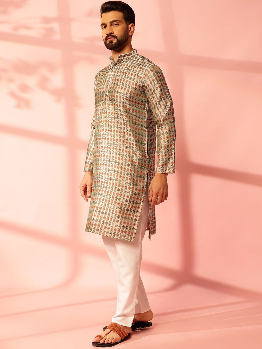 Anouk Ethnic Motifs Printed Mandarin Collar Cotton Silk Straight Kurta
