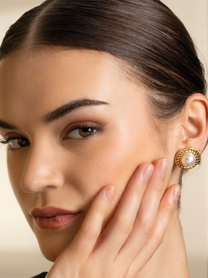 VOGUE PANASH Stainless Steel 18K Gold-Plated Pearls Beaded Circular Shape Studs