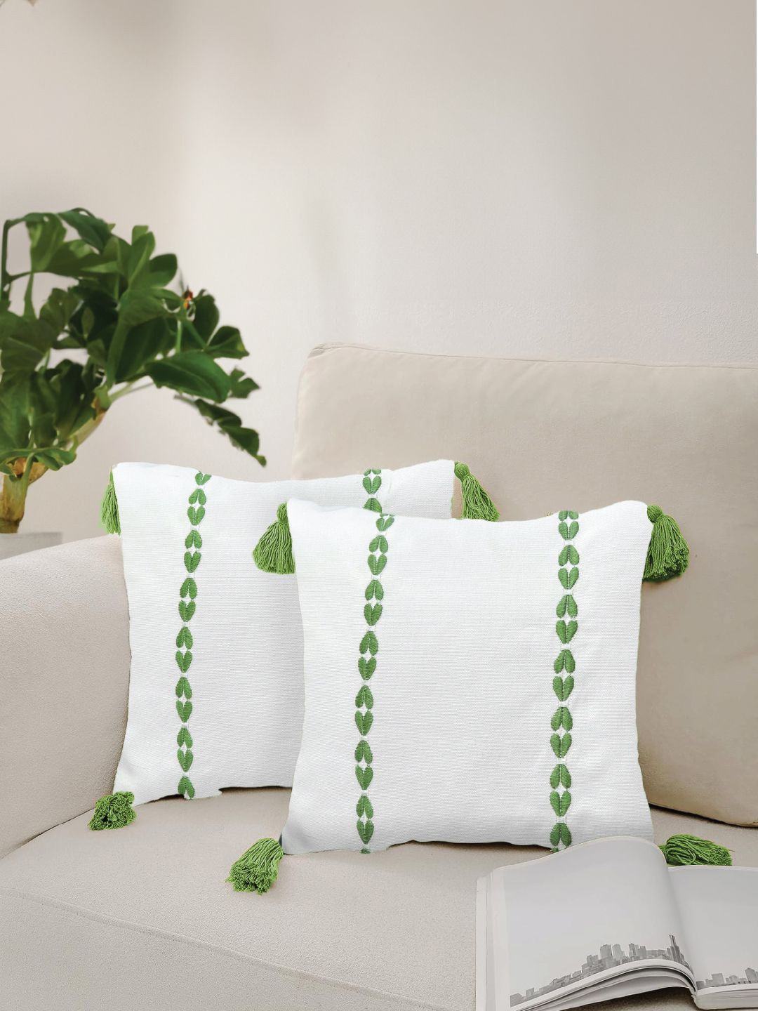 URBAN SPACE Green & White 2 Pieces Embroidered Pure Cotton Square Cushion Covers