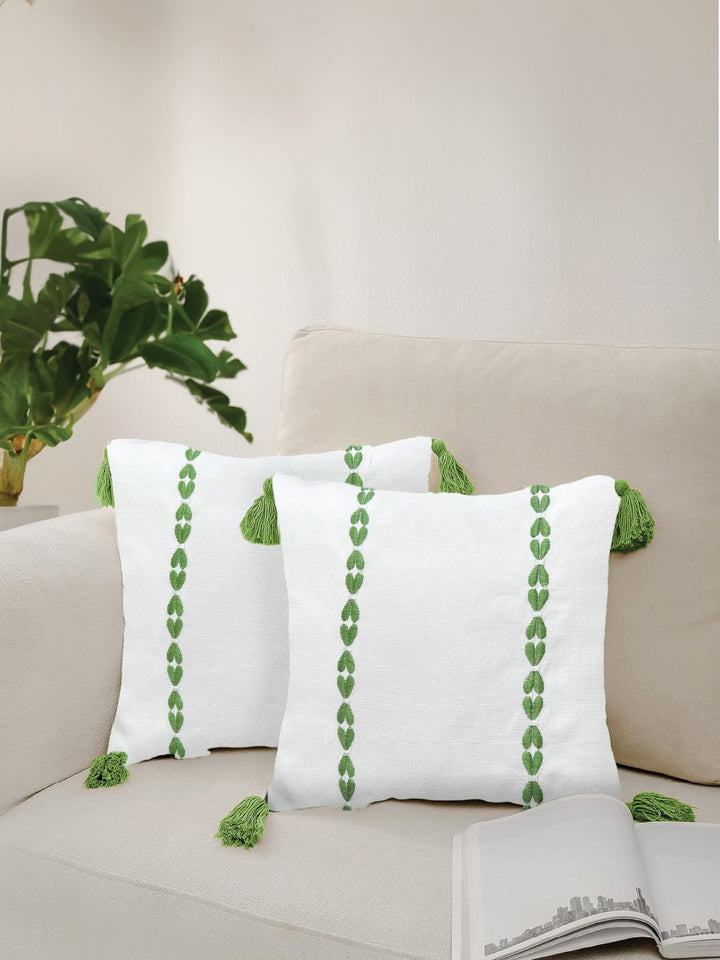 URBAN SPACE Green & White 2 Pieces Embroidered Pure Cotton Square Cushion Covers