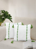 URBAN SPACE Green & White 2 Pieces Embroidered Pure Cotton Square Cushion Covers