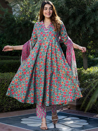 Kalini Wanita Floral Dicetak Kurta Kapas Tulen Biasa Dengan Seluar & Dengan Dupatta