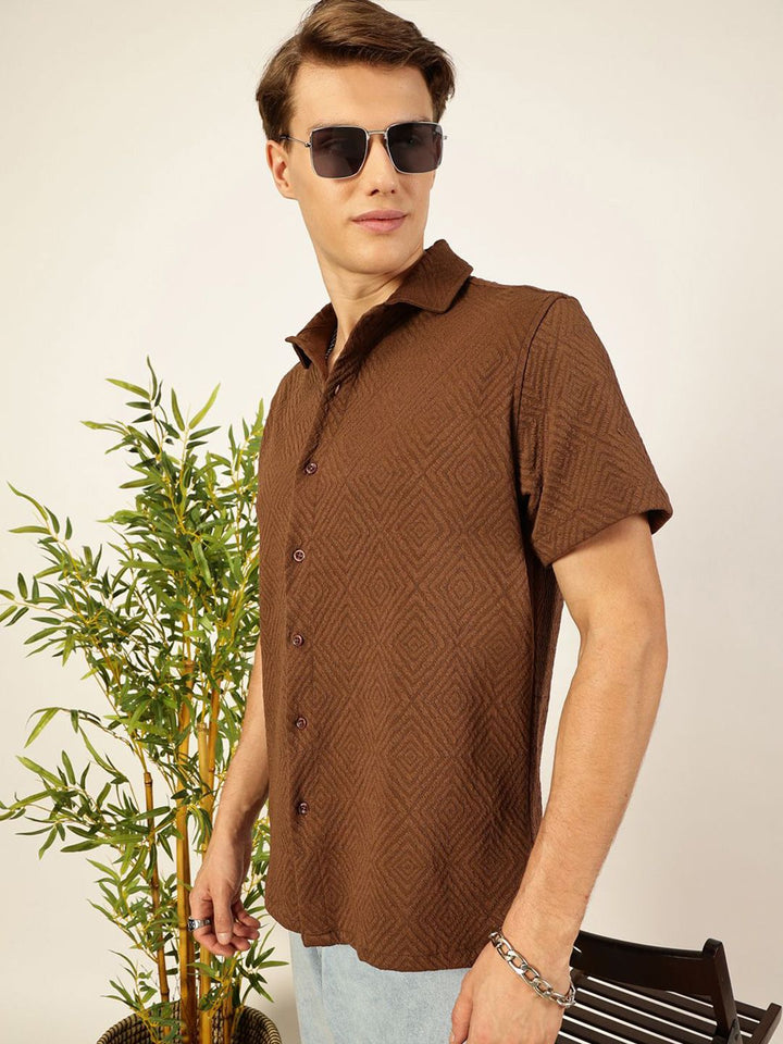 Thomas Scott Men Classic Spread Collar Textured Printed Oversized Casual Shirt