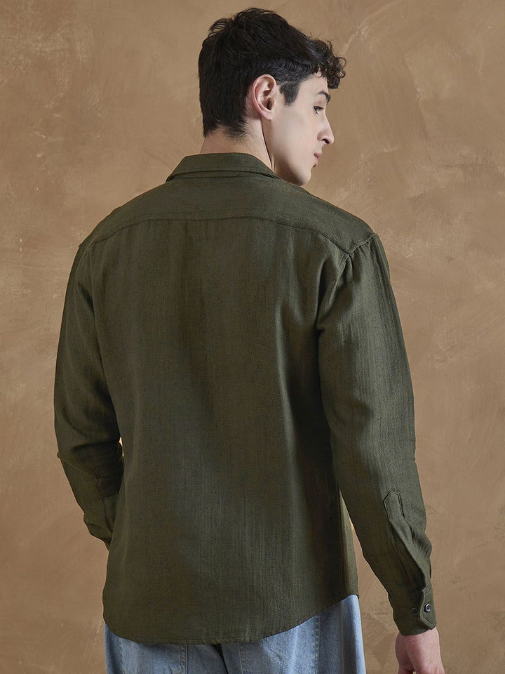 DENNISON Men Olive Double Gauge Self Design Shirt