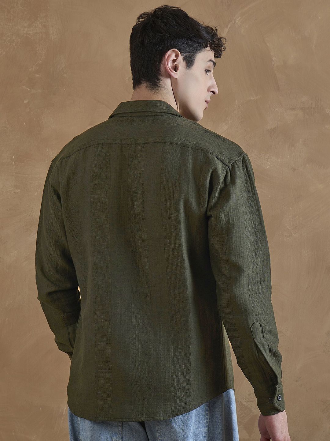 DENNISON Men Olive Double Gauge Self Design Shirt
