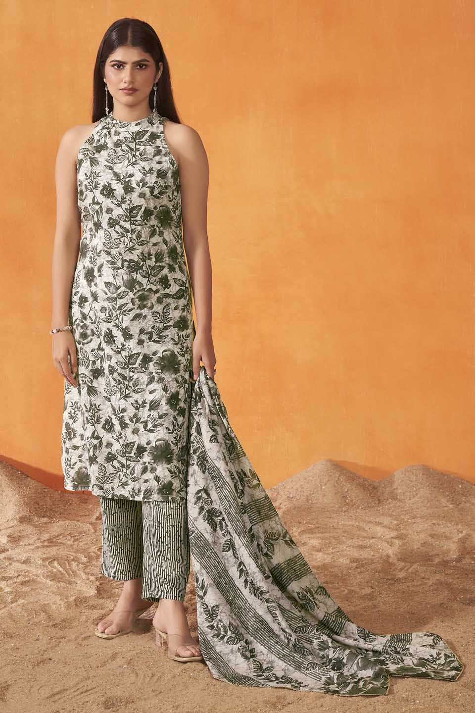 Anouk Floral Printed Round Neck Straight Kurta with Trousers And Dupatta