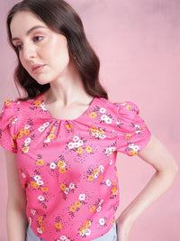 DressBerry Floral Print Gathered Detail Puff Sleeves Top