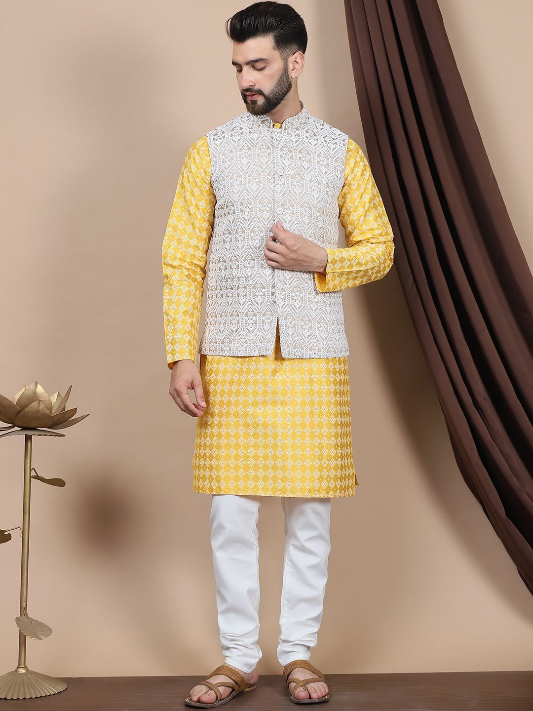 Anouk Floral Printed Regular Straight Kurta With Churidar & Nehru Jacket