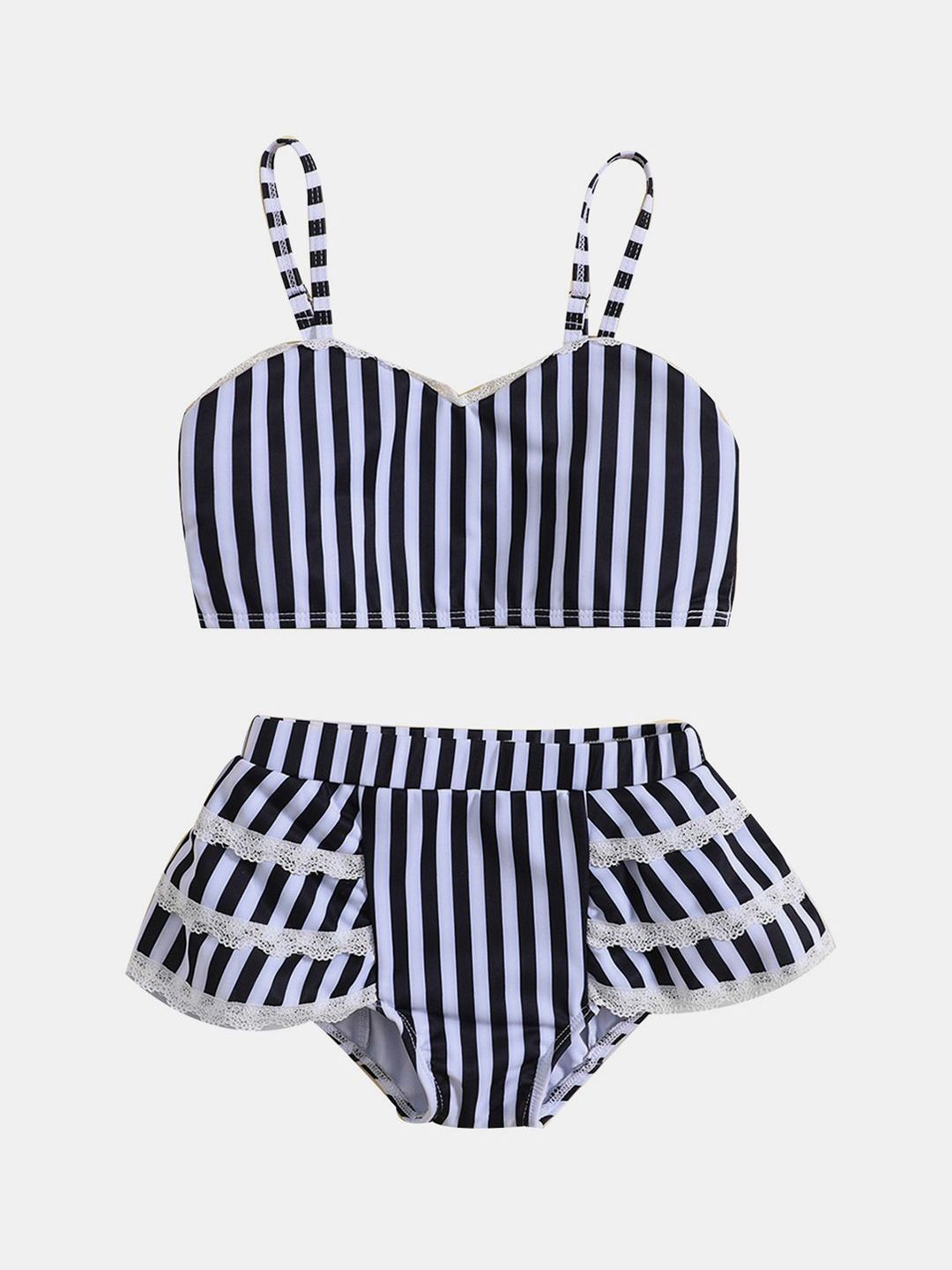 YK Girls Striped Shoulder Straps Swim Bikini Set