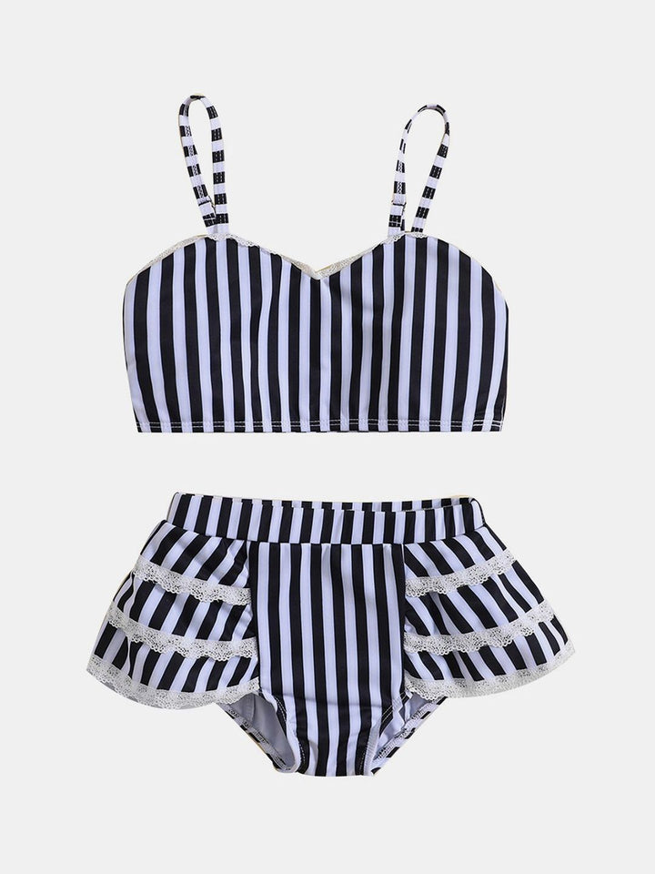 YK Girls Striped Shoulder Straps Swim Bikini Set