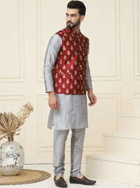 SOJANYA Mandarin Collar Silk Cotton Straight Kurta dengan jaket Churidar & Nehru