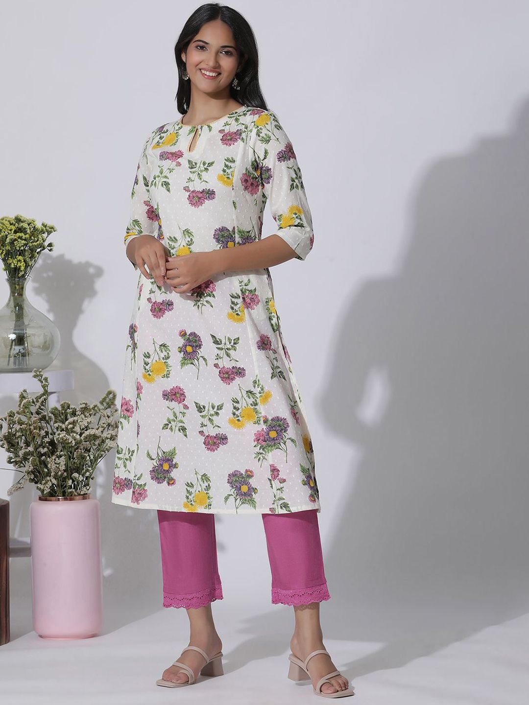 W Floral Printed Keyhole Neck Panelled Cotton A-Line Kurta