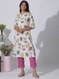 W Floral Printed Keyhole Neck Panelled Cotton A-Line Kurta