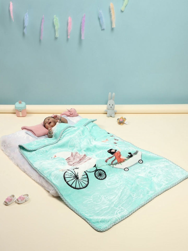 Monte Carlo Sea Green & Black Cartoon Characters Mild Winter 600 GSM Single Bed Blanket