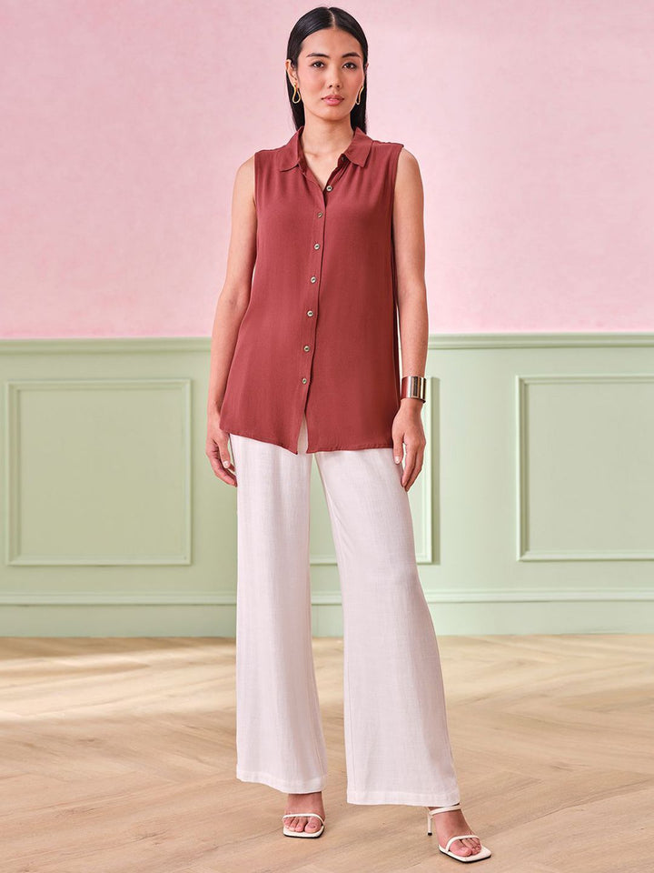 AND Women Solid Shirt Collar Top