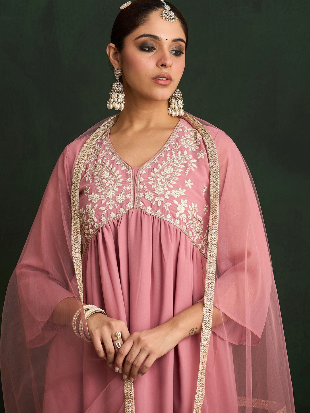 Indo Era Mauve Paisley Embroidered V-Neck Georgette A-Line Kurta with Trousers & Dupatta