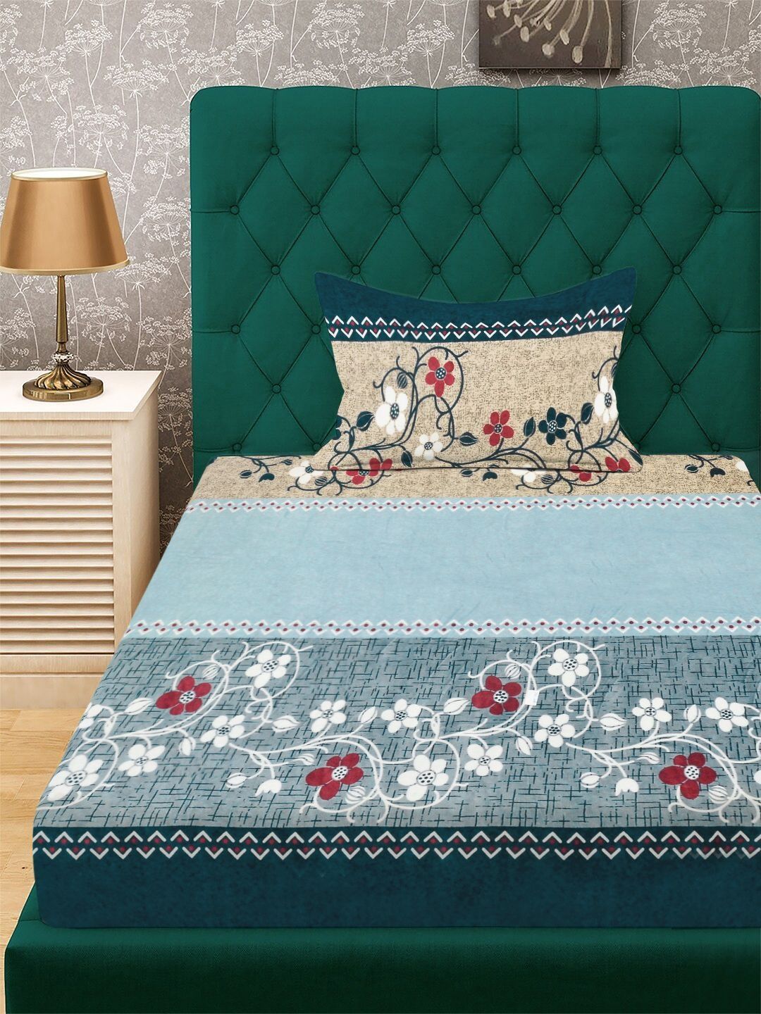 KLOTTHE Blue & White Floral Printed 300 TC Woolen Single Bedsheet With 1 Pillow Cover