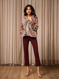 SANSKRUTIHOMES Women Lapel Collar Floral Printed Velvet Casual Tailored Jacket