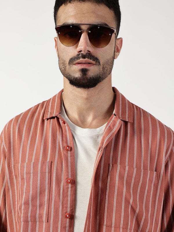 Thomas Scott Men Premium Spread Collar Vertical Striped Pure Cotton Slim Fit Casual Shirt