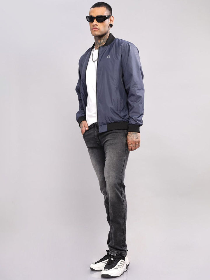 ADRO Men Stand Collar Solid Casual Bomber Jacket