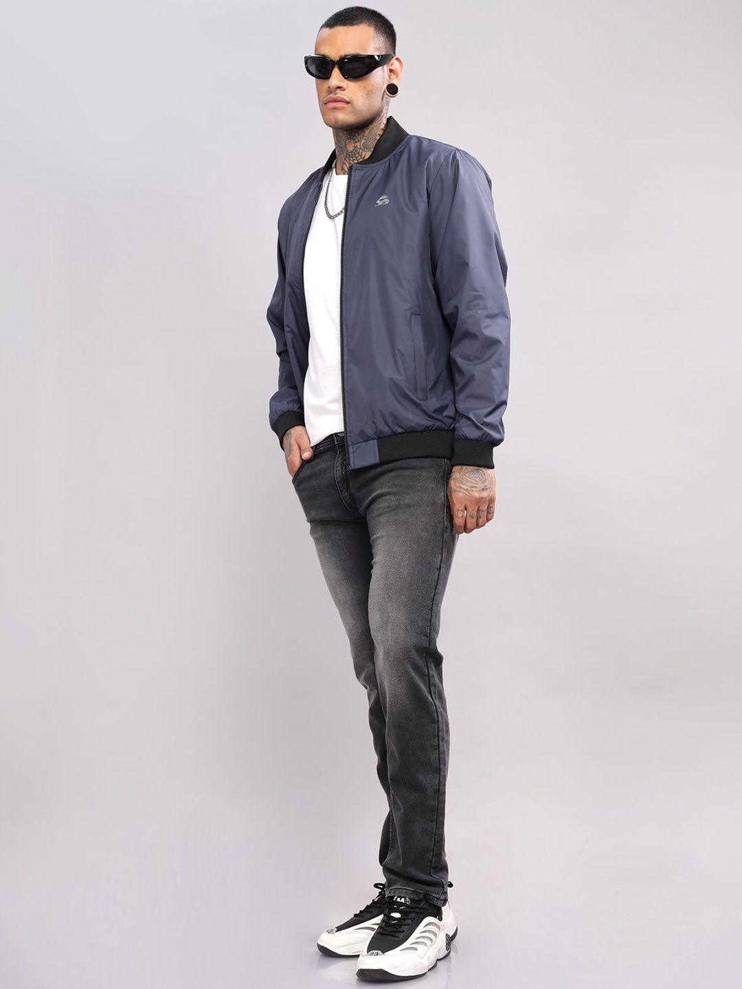 ADRO Men Stand Collar Solid Casual Bomber Jacket