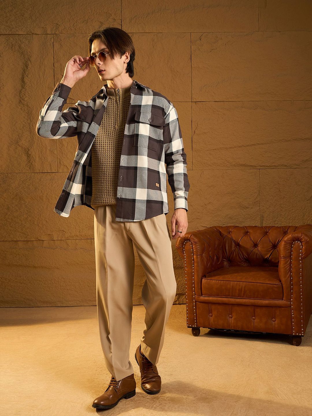 DENNISON Men Double Pocket Drop Shoulder Oversized Cotton Checked Shacket
