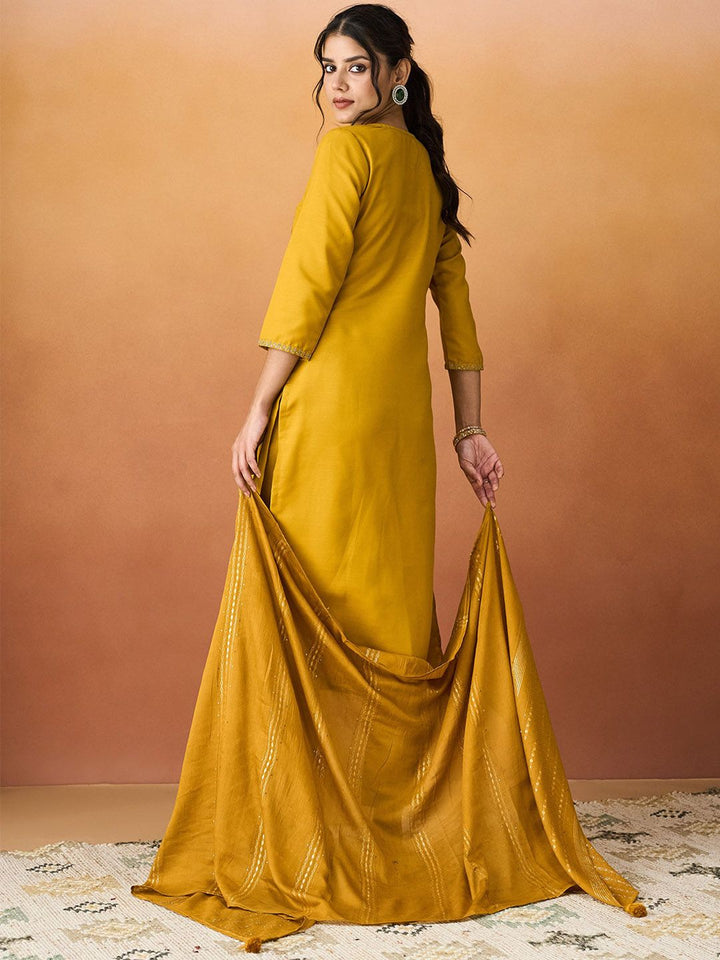 KALINI Ethnic Motifs Yoke Design Thread Work Straight Kurta With Trousers & Dupatta