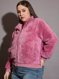 SASSAFRAS Curve Women Mock Collar Self Design Faux Fur Plus Size Casual Tailored Jacket