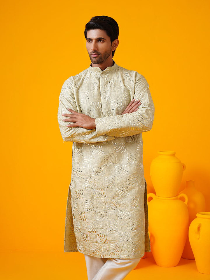 SOJANYA LUXE Bersulam Geometrik Kolar Mandarin Cotton Silk Kurta Lurus Dengan Seluar