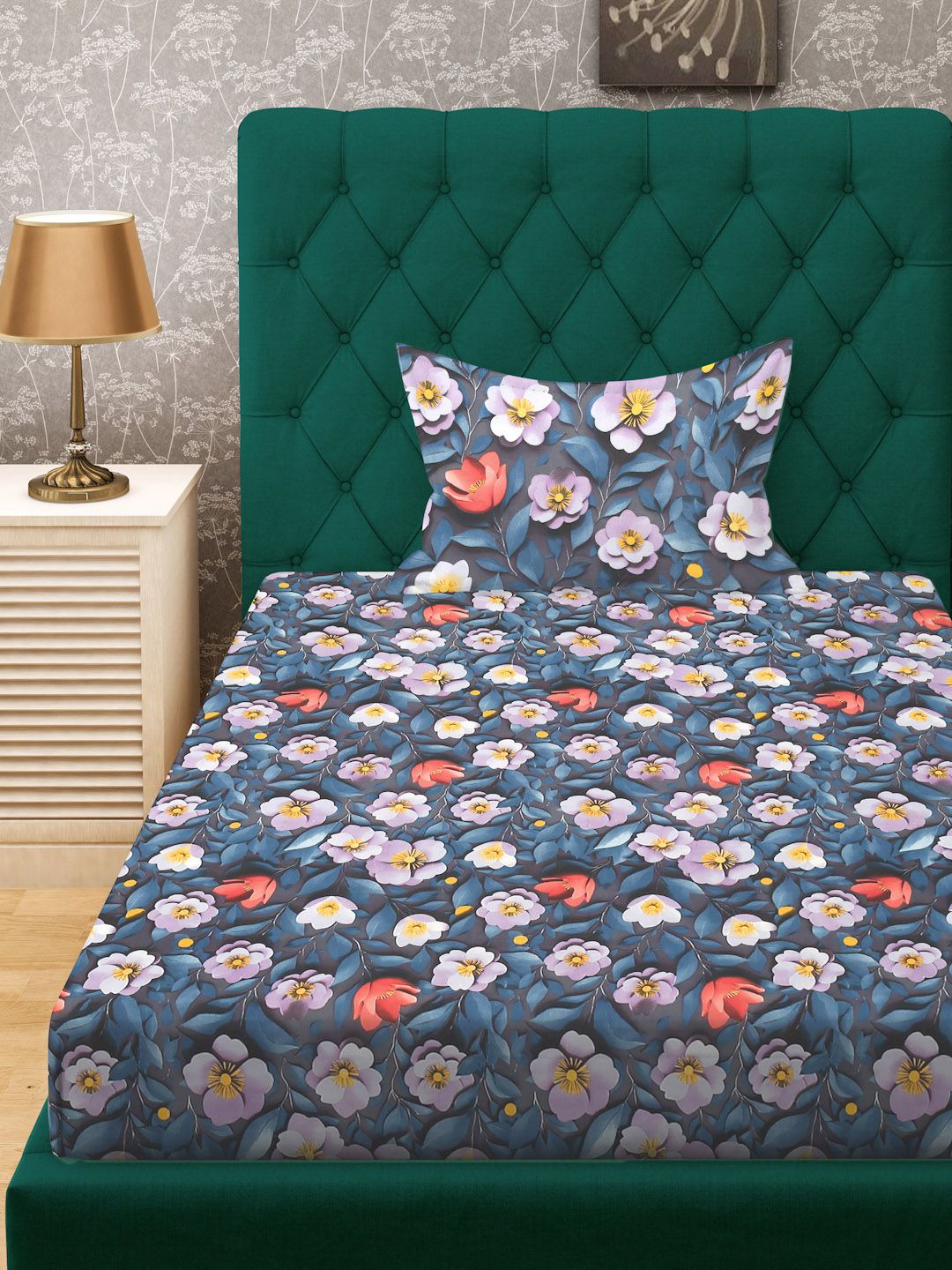 KLOTTHE Blue & White Floral Printed Fitted 300 TC Single 7D Bedsheet With Pillow Cover