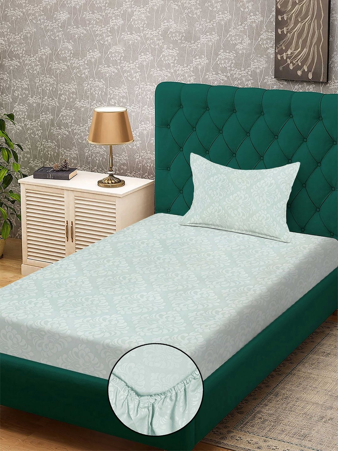 KLOTTHE Green Floral Printed 300 TC Cadar Bujang Dengan 1 Sarung Bantal