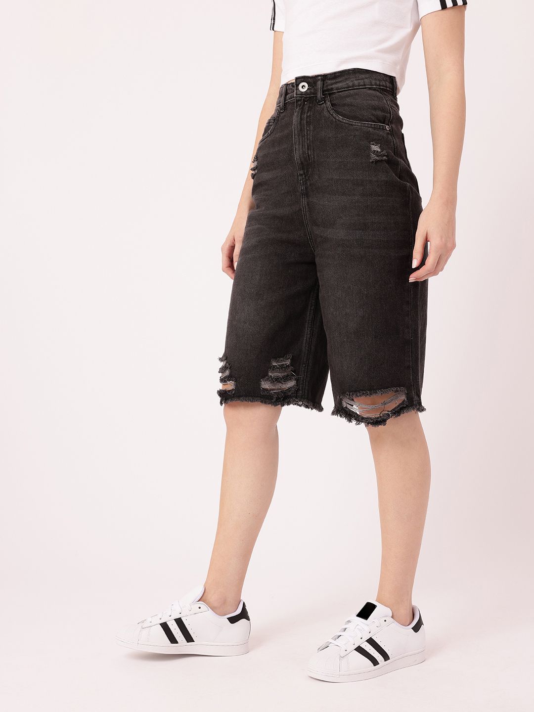 DressBerry Women Edgy Grunge Washed Distressed High-Rise Relaxed Fit Denim Shorts