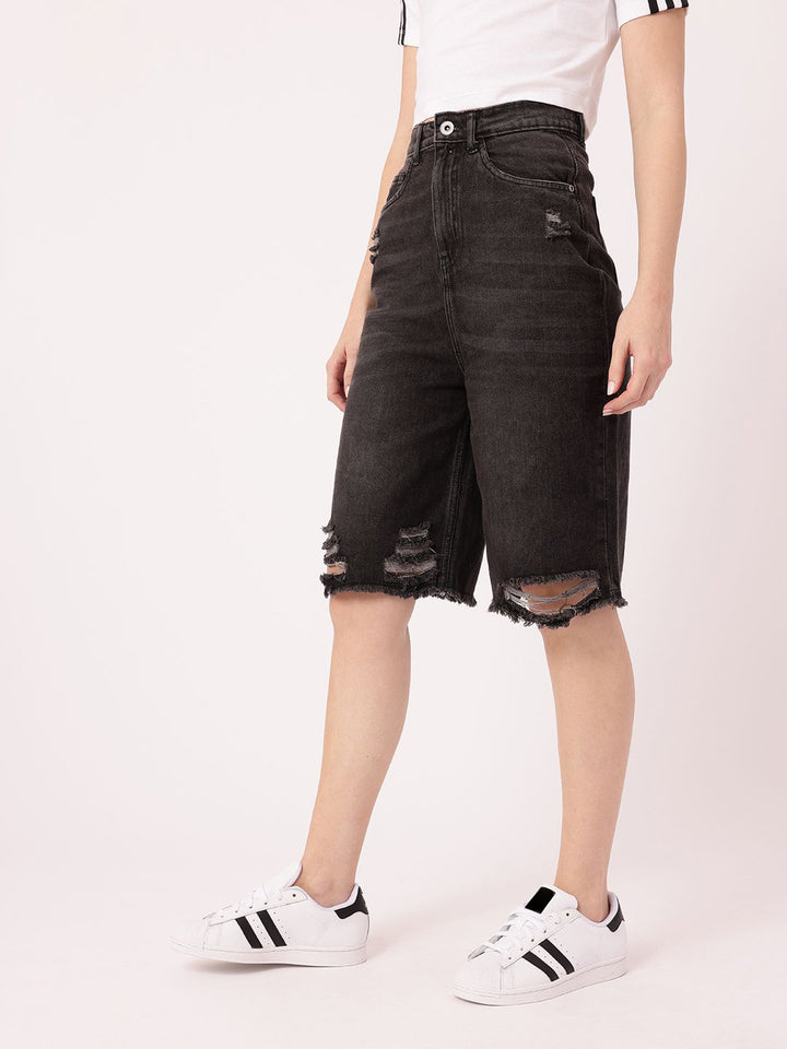 DressBerry Women Edgy Grunge Washed Distressed High-Rise Relaxed Fit Denim Shorts