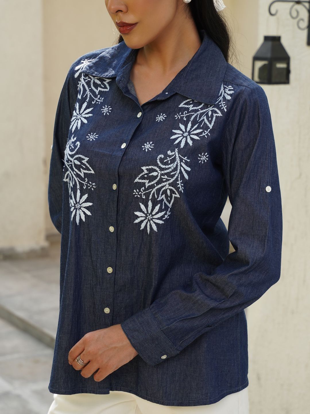 House of Chikankari Chikankari Solid Women's Shirt-dark Blue Shirts