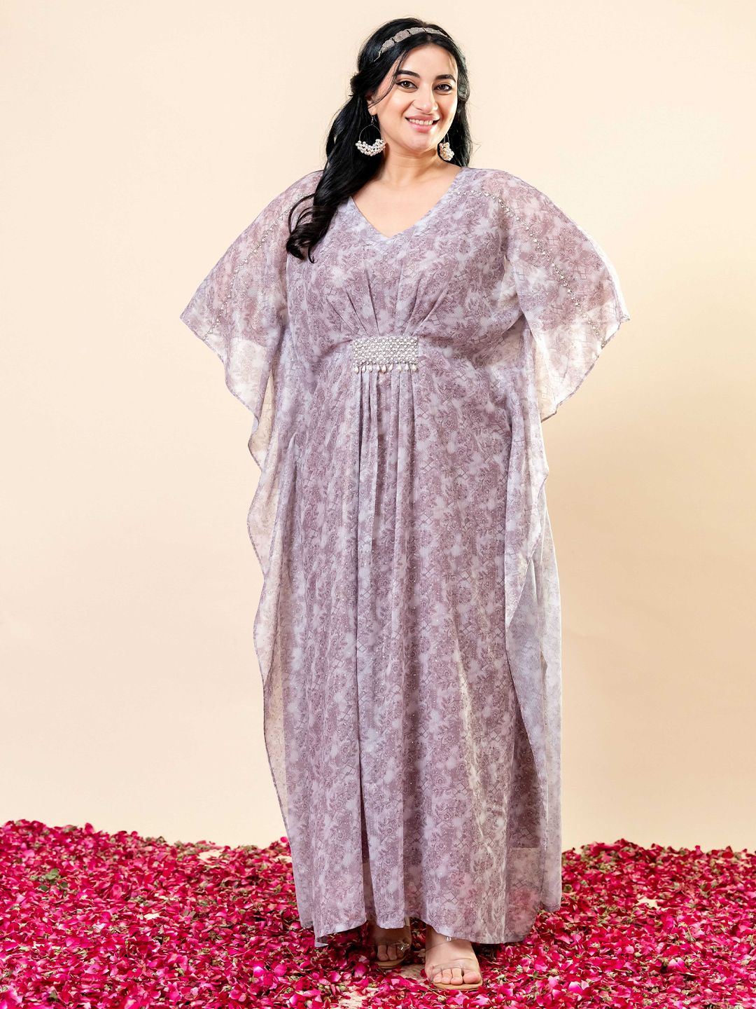 Pakaian Kaftan Leher V Bercetak Bunga Mamicha Wanita