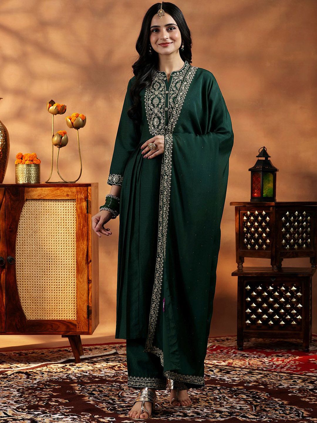 Libas Floral Yoke Design Zari Work Pleated Dobby Weave A-Line Kurta With Trouser & Dupatta