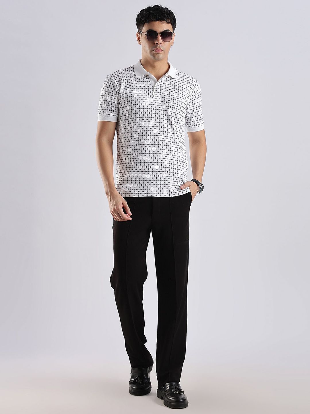 Baju-T Kapas Kolar Polo Bercetak Bunga ADRO