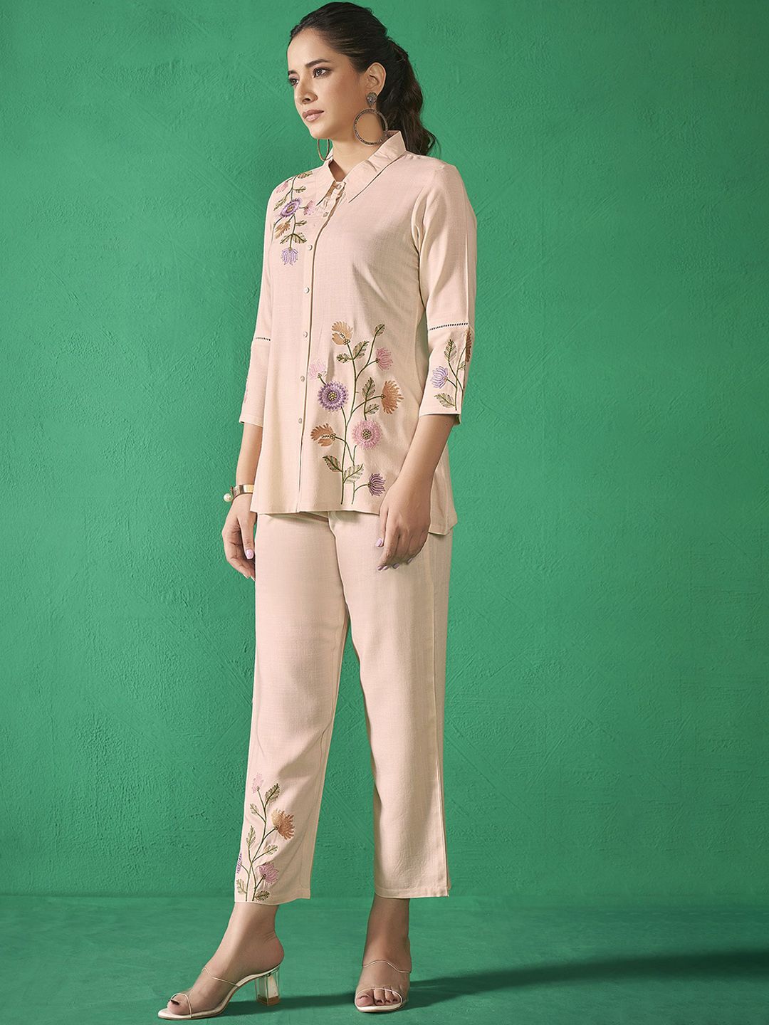 Anouk Beige Shirt Collar Embroidered Liva Shirt & Trouser