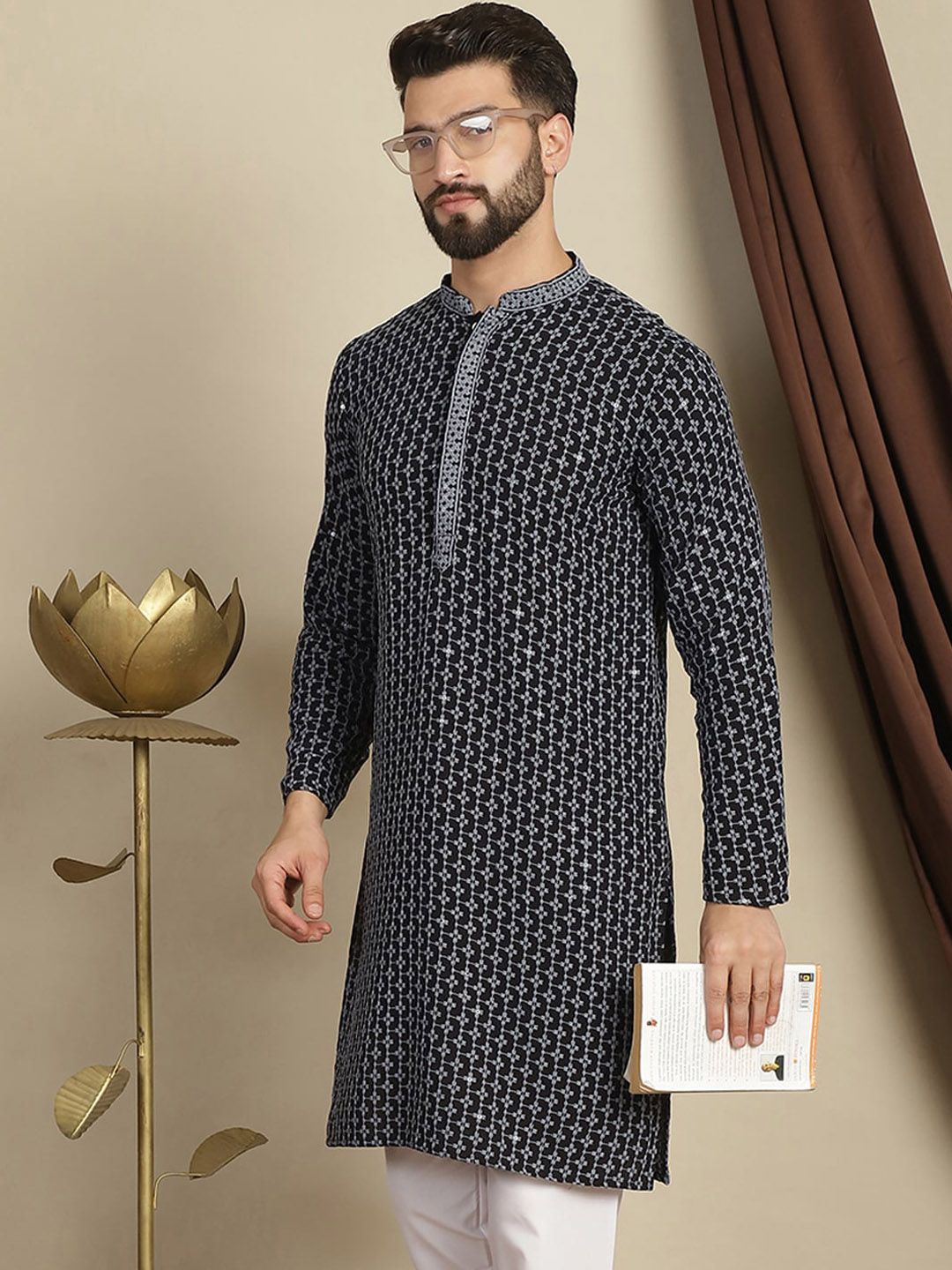 Anouk Floral Woven Design Mandarin Collar Thread Work Cotton Kurta