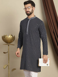Anouk Floral Woven Design Mandarin Collar Thread Work Cotton Kurta