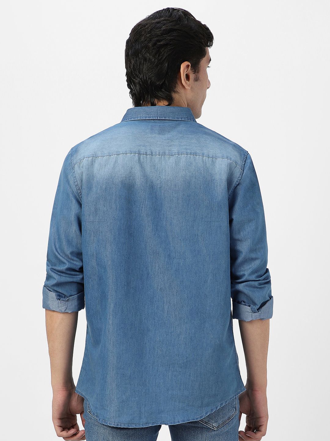Urbano Fashion Men Spread Collar Solid Denim Casual Shirt