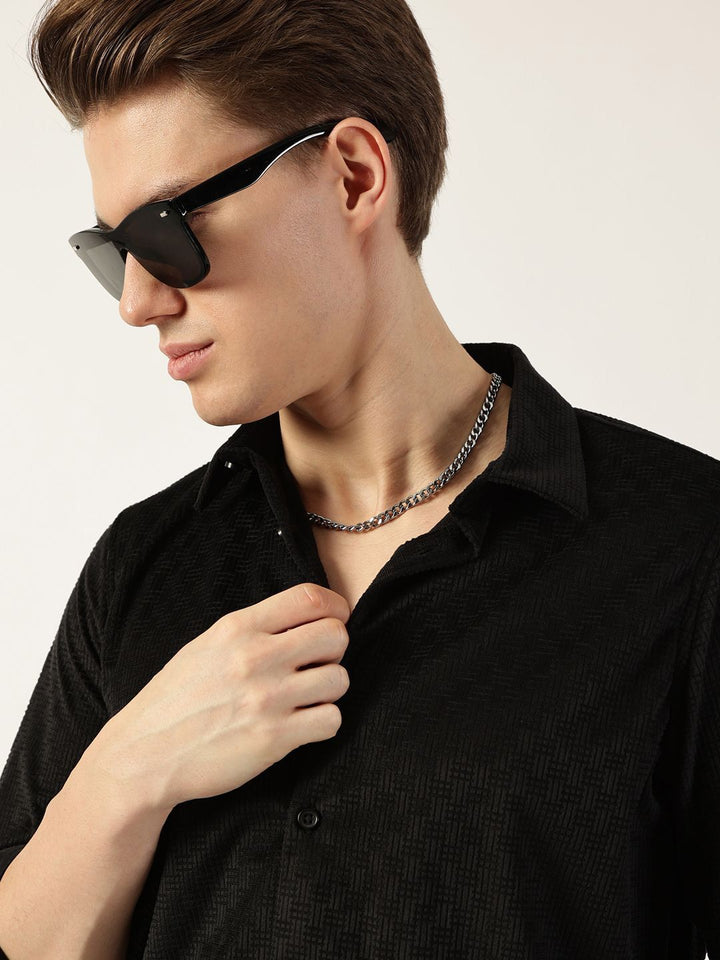 Thomas Scott Men Classic Spread Collar Textured Solid Slim Fit Casual Shirt