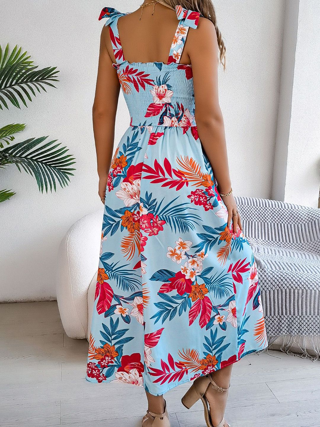 all about you Women Floral Printed Smocked Shoulder Straps Fit & Flare Midi Dress