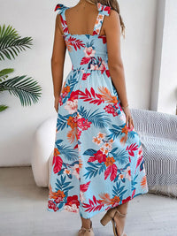 all about you Women Floral Printed Smocked Shoulder Straps Fit & Flare Midi Dress