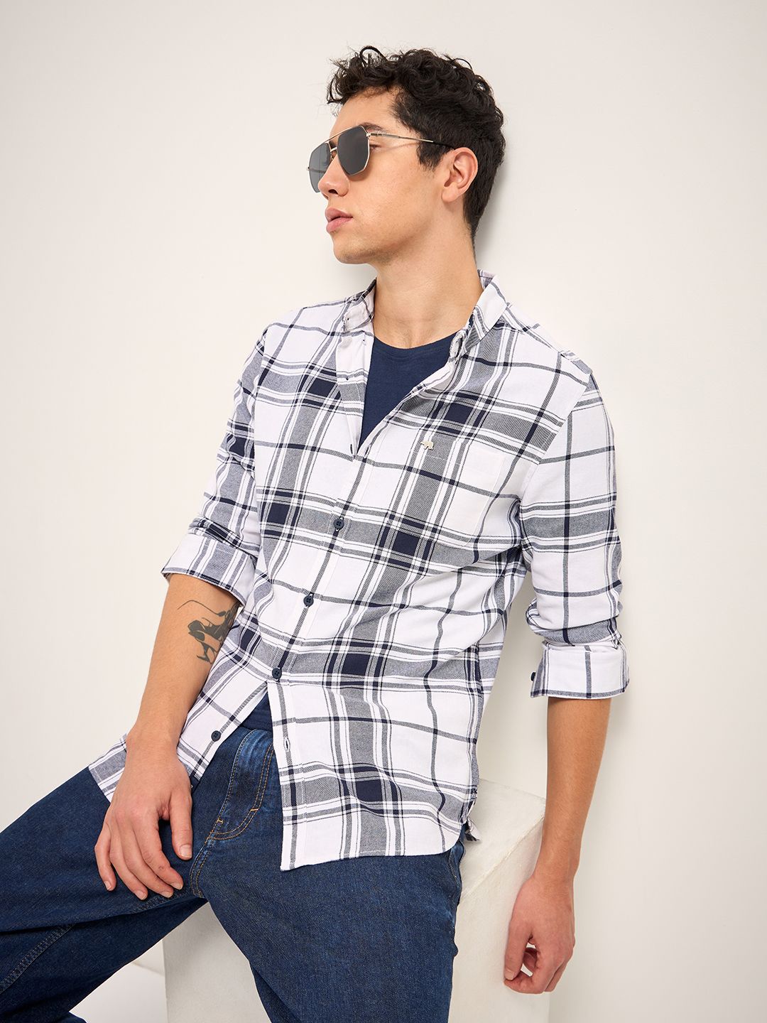 THE BEAR HOUSE Men Button-Down Collar Tartan Checked Cotton Slim Fit Casual Shirt