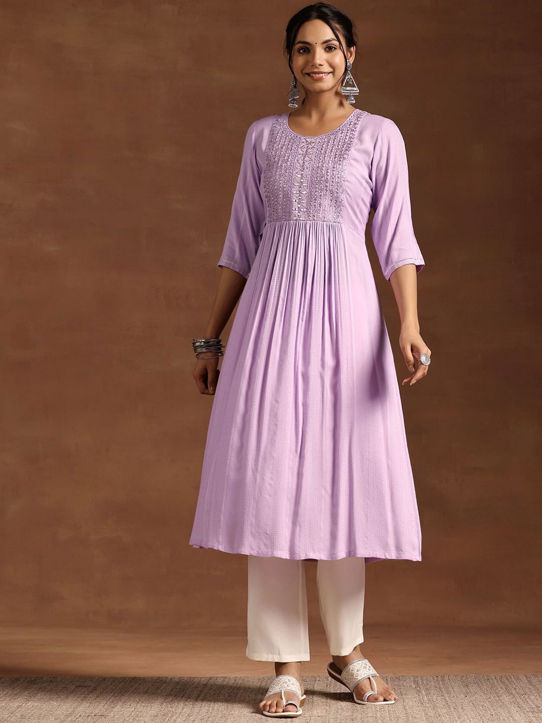 Libas Lavender Floral Yoke Design Sequined Pleated Detail Anarkali Kurta