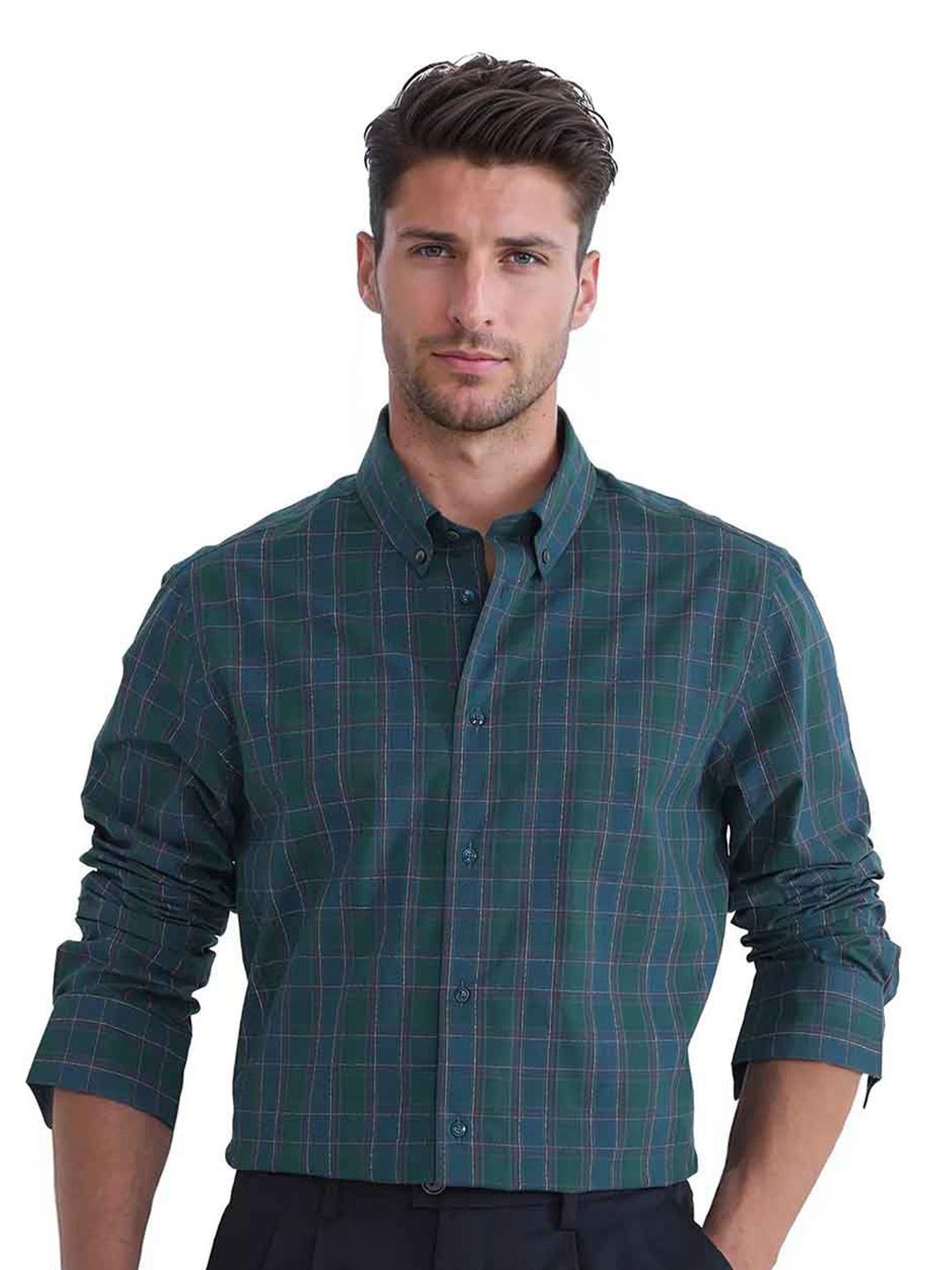 RARE RABBIT Men Comfort Button-Down Collar Checked Cotton Casual Shirt