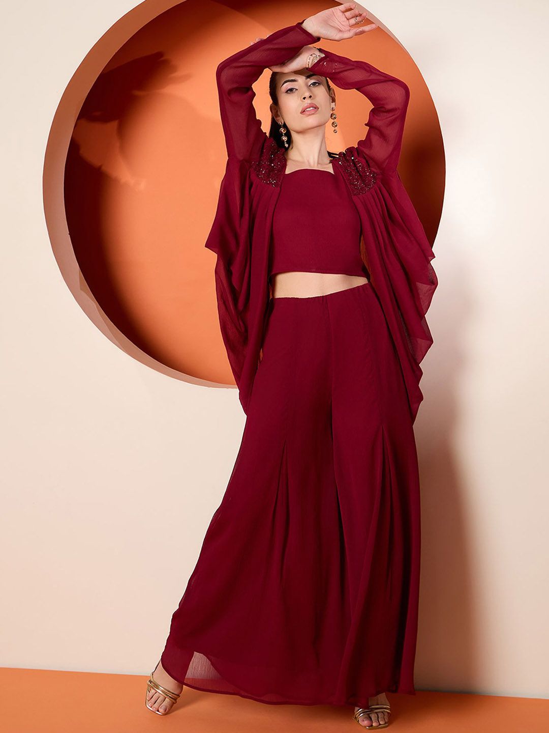 Antheaa Embellished Crop Top & Palazzo With Shrug