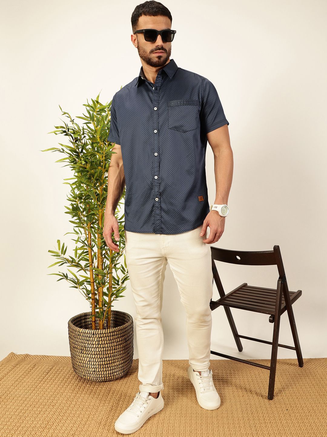 Thomas Scott Men Premium Spread Collar Micro Ditsy Printed Cotton Casual Shirt